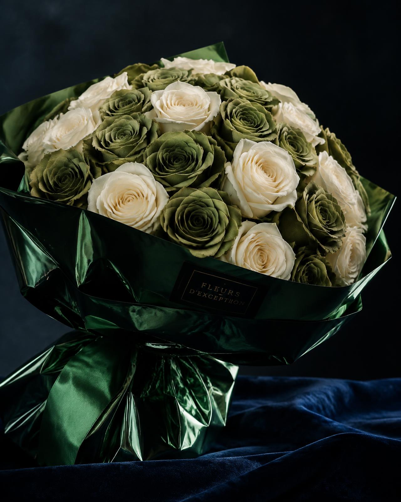Ivory and sage velvet rose dome in emerald foil